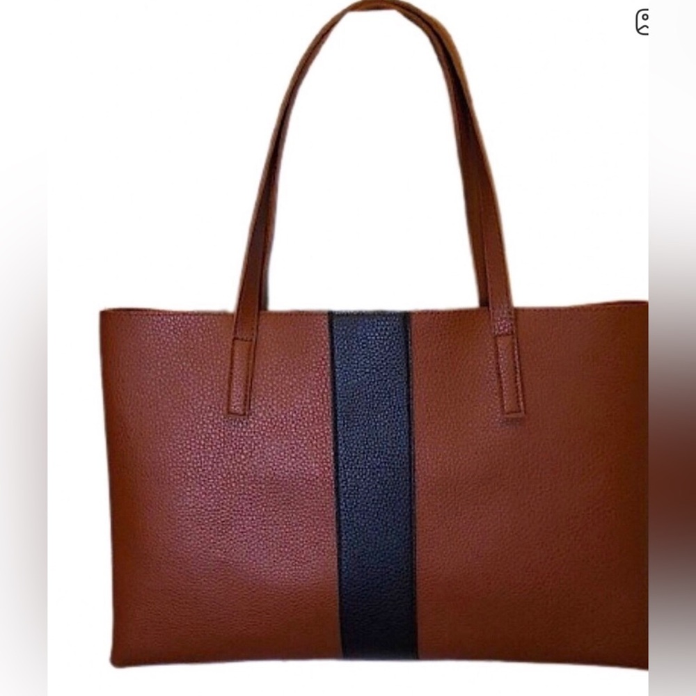 VINCE CAMUTO Tumbled Faux Leather Tote,Rich Chestnut Brown,Black Stripe.NWOT NEW - Picture 4 of 16